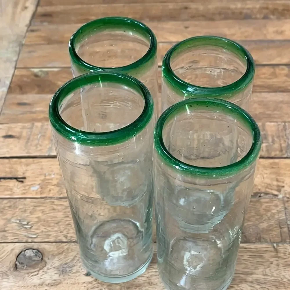 Hand Blown Mexican Green Rim Highball Glass Tumblers 7
